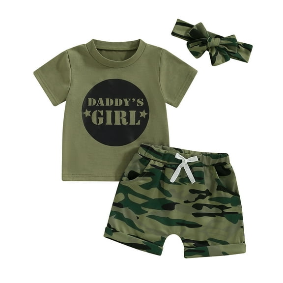 Elippeo Girls Summer 3PCS Shorts Sets 3 6 12 18 24 Months 3 4 5 Years Short Sleeve Letter Print Tops Camouflage Shorts Headband Sets