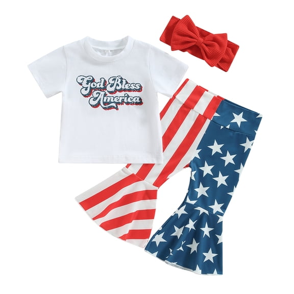 Elippeo Independence Day Kids Girls Outfits Letter Print Short Sleeve T-shirt and Casual Star Striped Flare Pants Headbands
