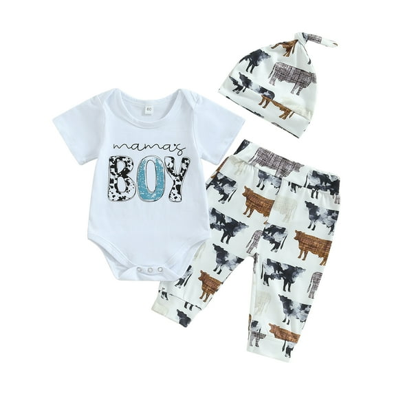 Elippeo Infant Baby Boy 3Pcs Summer Jumpsuits Suit 3 6 12 18 Months Letter Print Short Sleeves Romper Cow Print Pants Hat