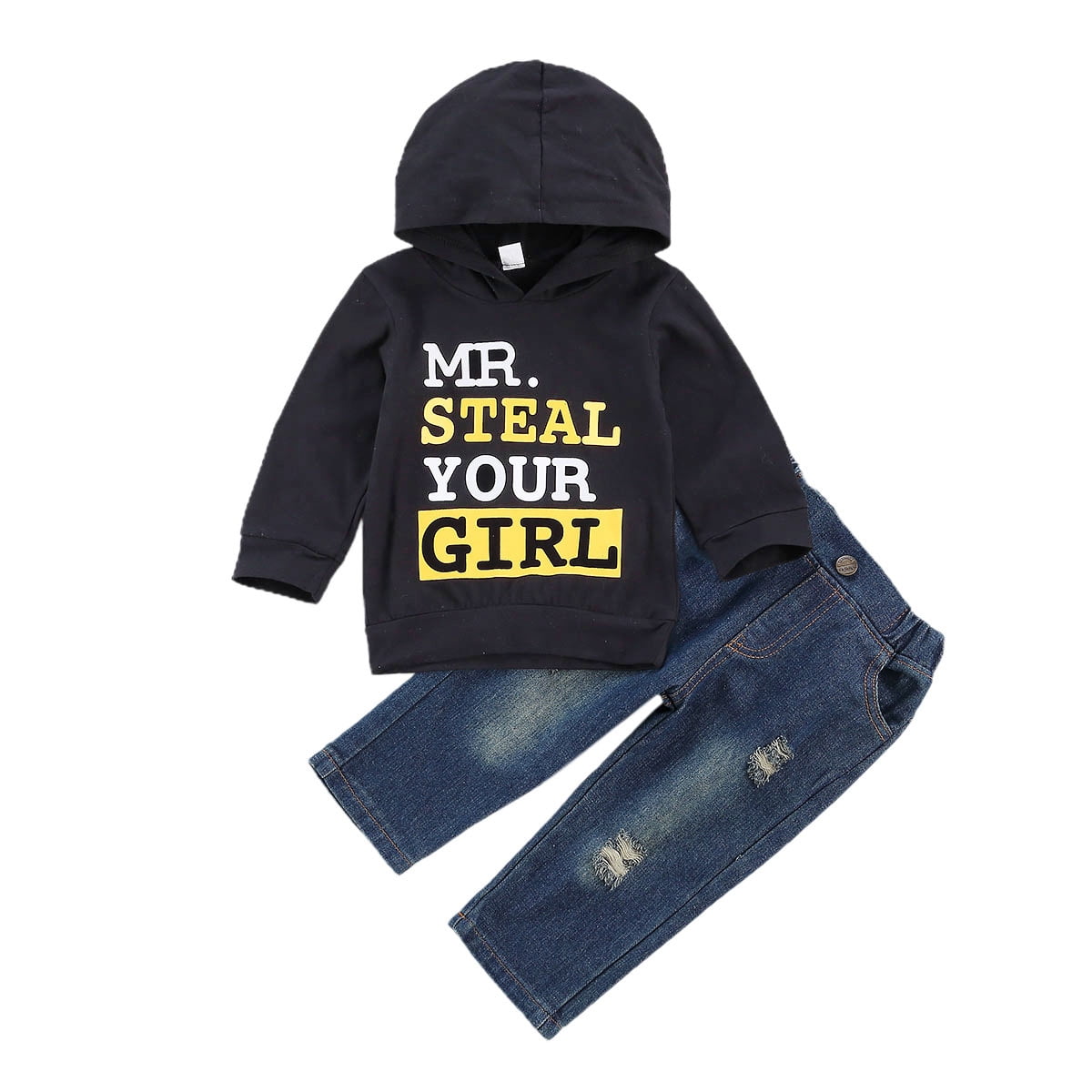 Elippeo Infant Baby Boy Clothes Baby Boy 2PCS Outfits 6 12 18 24 Months 3 Years Letter Print Long Sleeve Hooded Tops Jeans Pants Set 6-9 Months Baby Boy Hoodie Outfits