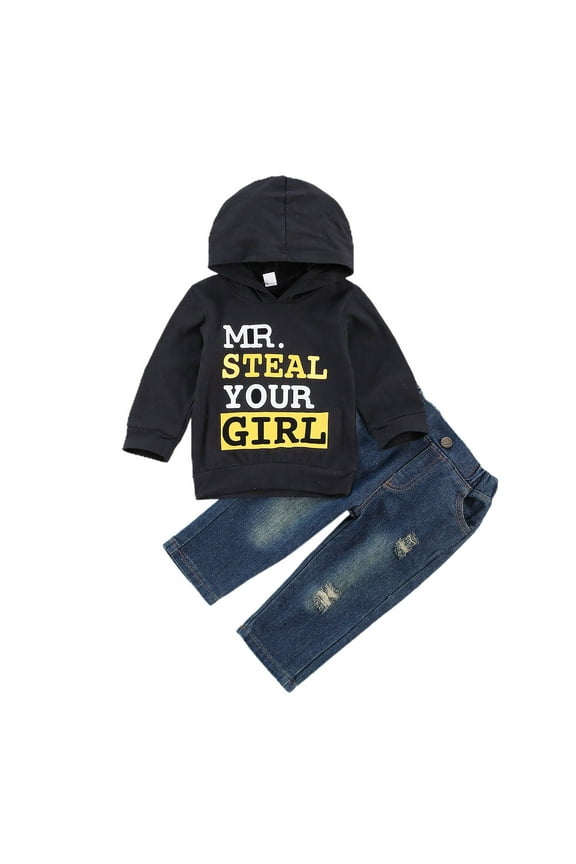 Infant Baby Boy Clothes Baby Boy 2PCS Outfits 6 12 18 24 Months 3 Years Letter Print Long Sleeve Hooded Tops Jeans Pants Set 6-9 Months Baby Boy Hoodie Outfits