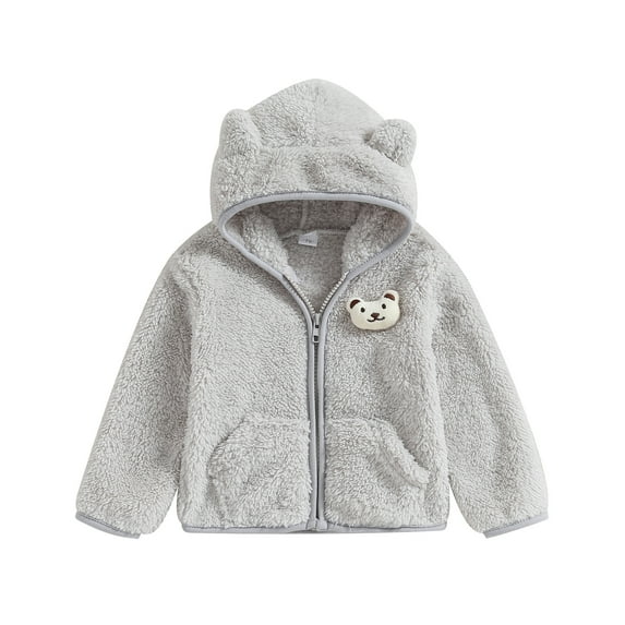 Elippeo Infant Baby Girl Boy Winter Fuzzy Coat 6M 9M 12M 18M 24M 3D Bear Hooded Jacket Zipper Closure Fleece Outerwear Gray