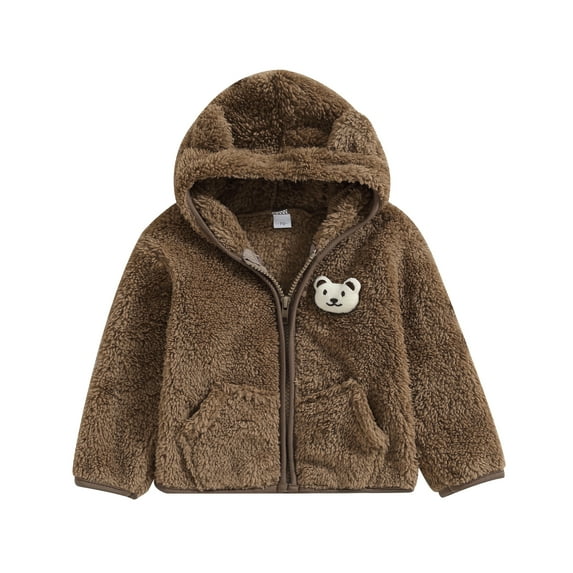 Elippeo Infant Baby Girl Boy Winter Fuzzy Coat 6M 9M 12M 18M 24M 3D Bear Hooded Jacket Zipper Closure Fleece Outerwear Gray