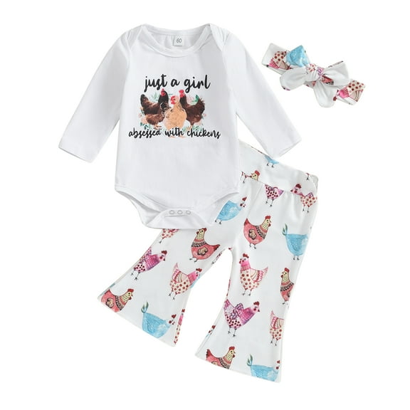 Elippeo Infant Baby Girl Thanksgiving Clothes 3M 6M 12M 18M Letter Print Long Sleeve Romper Chicken Pattern Flare Pants Headband Outfit