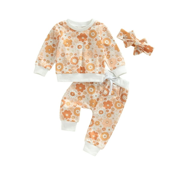 Elippeo Infant Baby Girls 3 Pieces Outfit 6M 12M 18M 24M 3Y Floral Print Round Neck Long Sleeve Sweatshirts Tops + Elastic Waist Long Pants + Headband