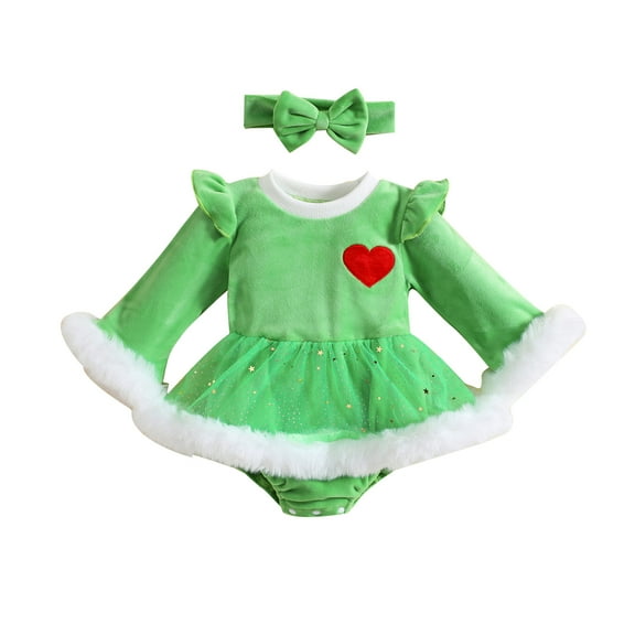 Elippeo Infant Baby Girls Christmas Romper Dress 3M 6M 12M 18M 24M Long Sleeve Round Neck Heart Pattern Fuzzy Jumpsuit Bow Headband