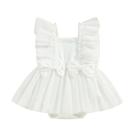 Elippeo Infant Baby Girls Tulle Romper Dress 3 6 12 18 Months Dot Print Flying Sleeve Square Neck Bow Jumpsuit