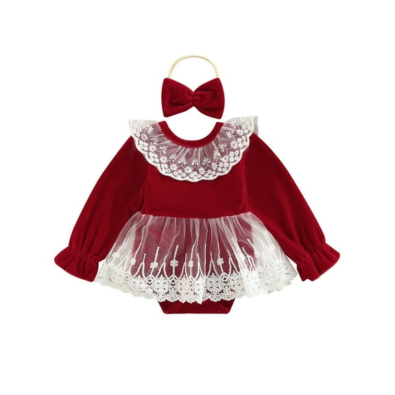 Elippeo Infant Baby Girls Velvet Romper 6M 12M 18M 24M Lace Patchwork Round Neck Long Sleeve Jumpsuits with Bowknot Headband