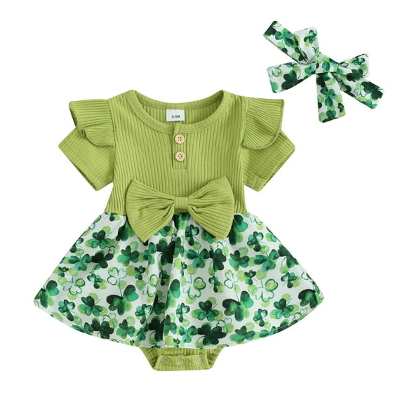 Elippeo Infant Baby Irish Festivals St Patricks Day Jumpsuit 3M 6M 9M 12M 18M Shamrock Print Patchwork Ribbed Short Sleeve Romper Dress with Headband