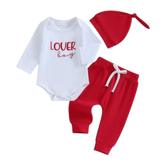 Elippeo Infant Boy Valentine's Day Clothes 3M 6M 12M 18M Letter Embroidery Long Sleeve Romper with Long Pants and Hat Outfit