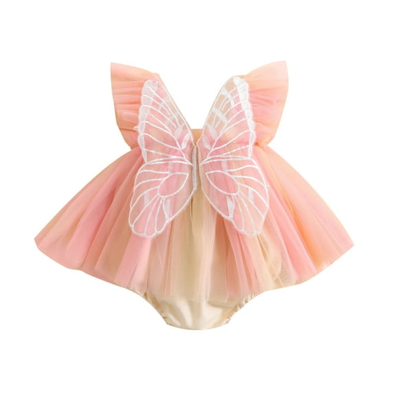 Elippeo Infant Girl Rompers Dress 3 6 12 18 24 Months Embroidery Butterfly Wing Fly Sleeve Rainbow Color Tulle Skirt Hem Jumpsuits Clothes Baby Bodysuits