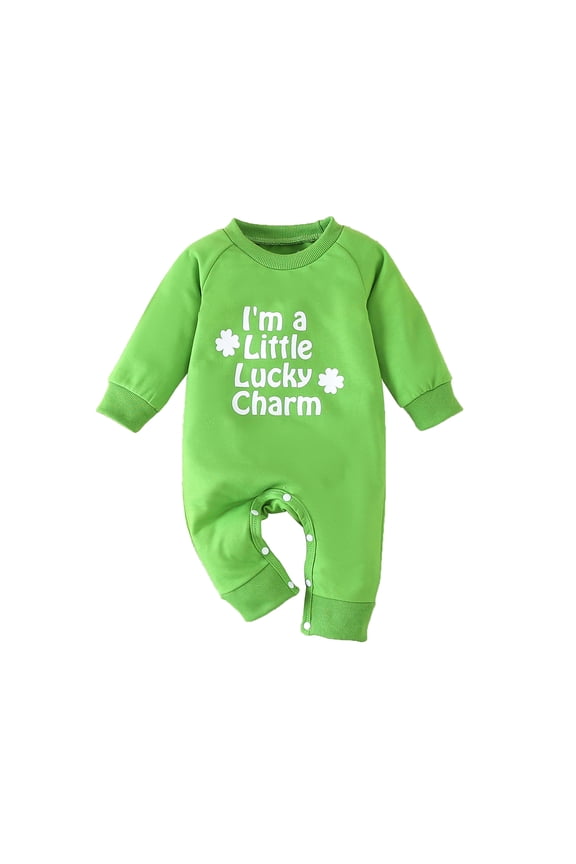 Irish Baby Romper 3M 6M 9M 12M St Patricks Day Casual Long Sleeve Round Neck Shamrock Letter Print Jumpsuit Newborn Clothes