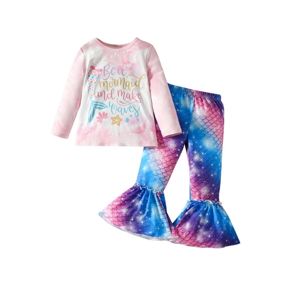 Elippeo Kid Girls Pants Set, Long Sleeve Crew Neck Letters Print T-shirt with Fish Scale Print Flare Pants Fall Outfit