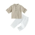 thumbnail image 1 of Elippeo Kids Boys Summer Outfits 6M 12M 18M 24M 3Y 4Y Solid Color Buttons Short Sleeve Shirts and Elastic Waist Long Pants 2Pcs Clothes Set, 1 of 9