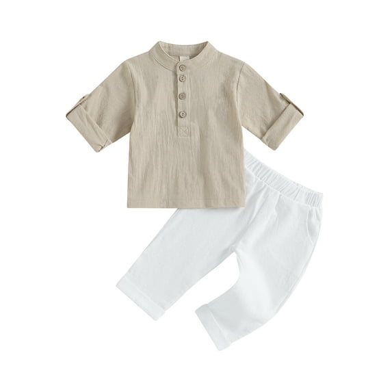 Elippeo Kids Boys Summer Outfits 6M 12M 18M 24M 3Y 4Y Solid Color Buttons Short Sleeve Shirts and Elastic Waist Long Pants 2Pcs Clothes Set