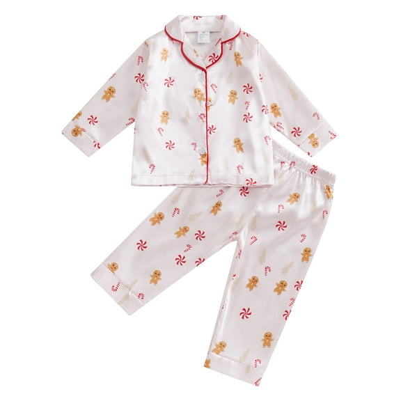 Elippeo Kids Christmas Pajama Sets Gingerbread Man/Candy Cane Print Lapel Neck Button-up Tops Long Pant Loungewear 1 2 3 4 5 6 7 8 9 Years