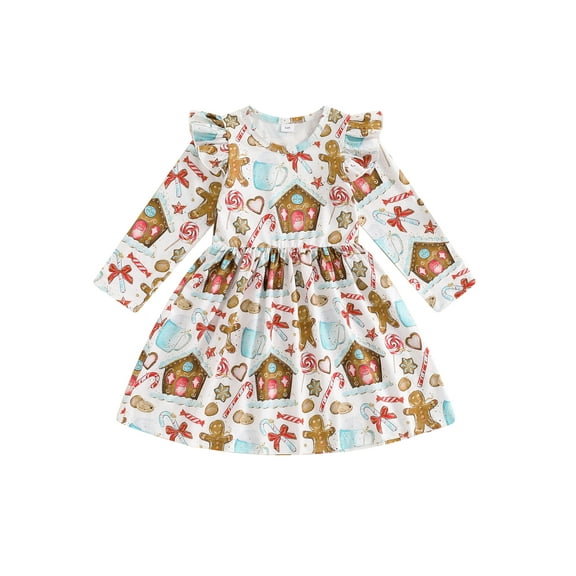 Elippeo Kids Girl Long Sleeve Dress Casual Christmas Element Print Ruffle A-Line Dress for Toddler Baby Spring Clothes 12 18 24 Months 3 4 5 Years