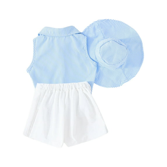 Elippeo Kids Girl Summer Outfits 3 4 5 6 7 8 Years Stripe Turn-Down Collar Shirts Sleeveless Tank Tops Bowknot Shorts Sun Hat 3Pcs Clothes Set