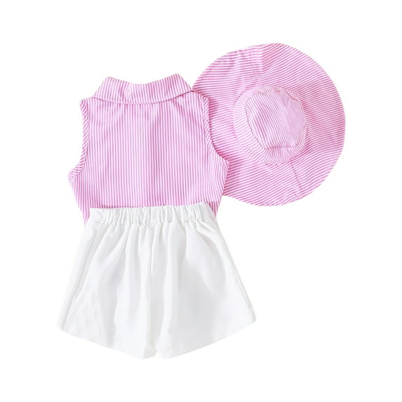 Elippeo Kids Girl Summer Outfits 3 4 5 6 7 8 Years Stripe Turn-Down Collar Shirts Sleeveless Tank Tops Bowknot Shorts Sun Hat 3Pcs Clothes Set