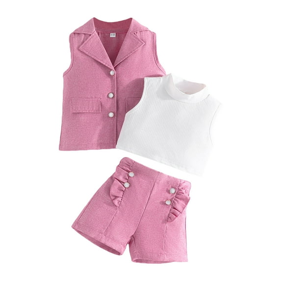Elippeo Kids Girl Summer Outfits Solid Color Sleeveless Tank Tops 2 3 4 5 6 7 8 Years Buttons Blazer Waistcoat Ruffles Shorts 3Pcs Clothes Set