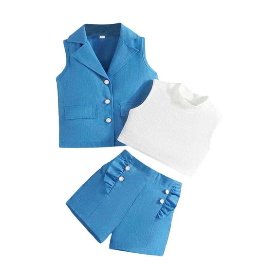 Elippeo Kids Girl Summer Outfits Solid Color Sleeveless Tank Tops 2 3 4 5 6 7 8 Years Buttons Blazer Waistcoat Ruffles Shorts 3Pcs Clothes Set