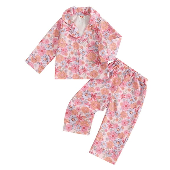 Elippeo Kids Girls Pajamas Sets 12 18 24 3 4 5 Years Floral Print Button up Long Sleeves Tops and Elastic Pants Loungewear Sleepwear