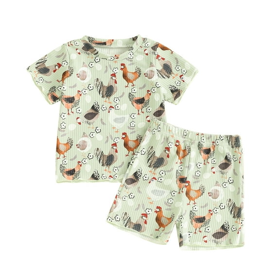 Elippeo Kids Girls Shorts Set 12 18 24 Months 2 3 4 5 Years Chicken Cow Flower Print Short Sleeve T-shirt with Shorts Summer Outfit