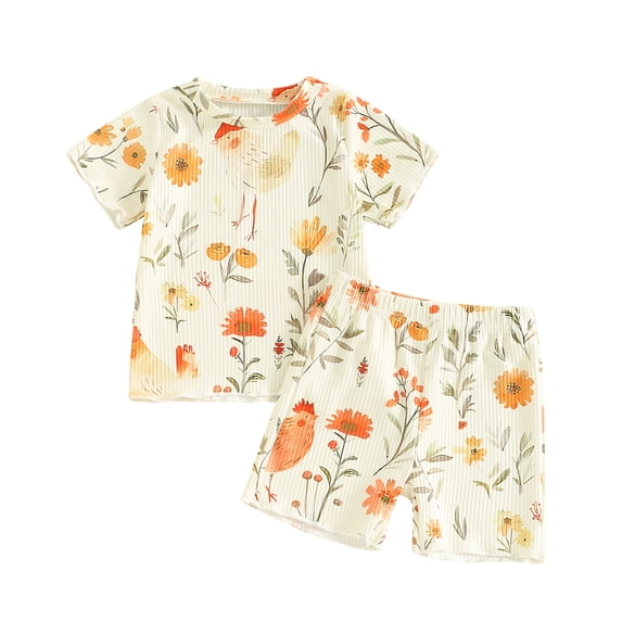 Elippeo Kids Girls Shorts Set 12 18 24 Months 2 3 4 5 Years Chicken Cow Flower Print Short Sleeve T-shirt with Shorts Summer Outfit