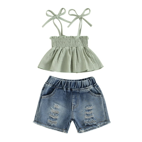 Elippeo Kids Girls Shorts Set 12 18 24 Months 3 4 5 Years Tie-up Pleated Camisole with Ripped Denim Shorts Summer 2-piece Outfit