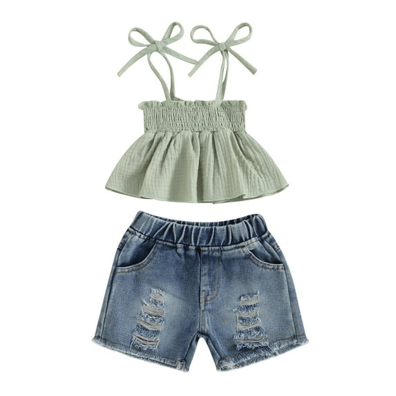 Elippeo Kids Girls Shorts Set 12 18 24 Months 3 4 5 Years Tie-up Pleated Camisole with Ripped Denim Shorts Summer 2-piece Outfit
