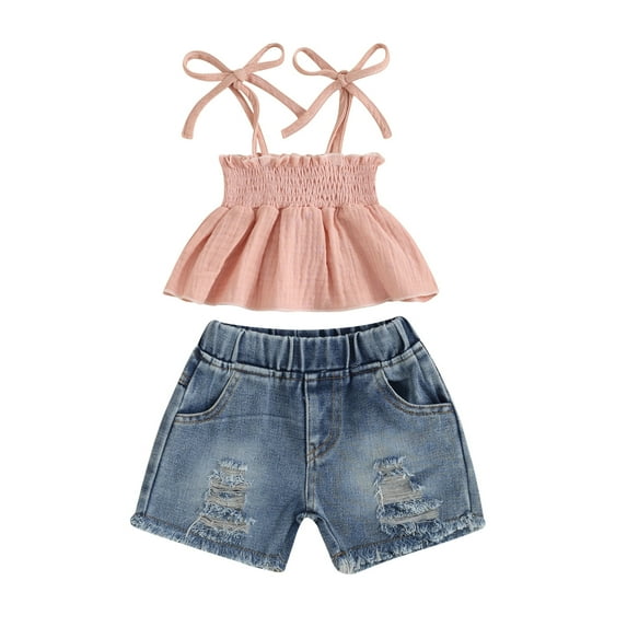 Elippeo Kids Girls Shorts Set 12 18 24 Months 3 4 5 Years Tie-up Pleated Camisole with Ripped Denim Shorts Summer 2-piece Outfit