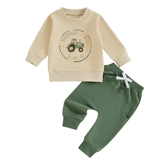 Elippeo Little Boy 2 Piece Fall Outfit, Letter Tractor Print Long Sleeve Sweatshirt Elastic Waist Pants with Pockets