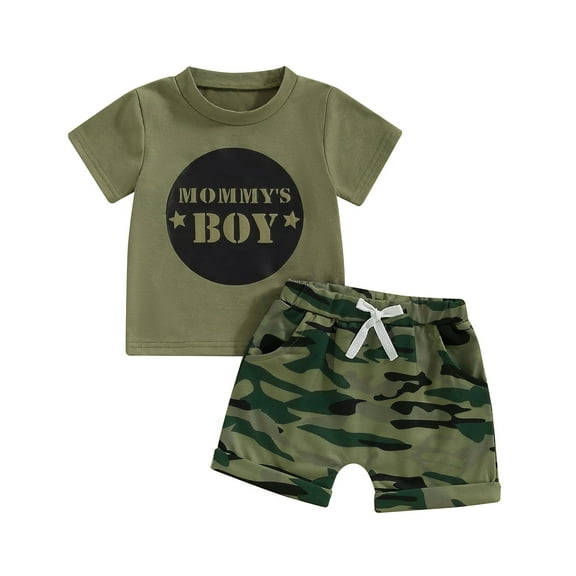 Elippeo Little Boy 2 Piece Summer Outfits Round Neck Short Sleeve Tops   Elastic Waist Camouflage Print Shorts Infant Toddler Set