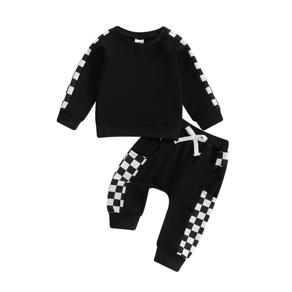 Elippeo Little Boy Girl Fall Clothes Checkerboard Print Long Sleeve Sweatshirt with Elastic Waist Pants 2Pcs Outfits 6 12 18 24 Months 3 4 Years