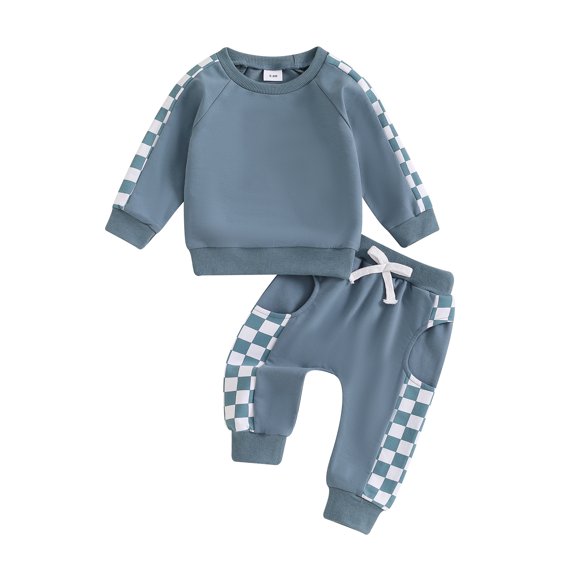 Elippeo Little Boy Girl Fall Clothes Checkerboard Print Long Sleeve Sweatshirt with Elastic Waist Pants 2Pcs Outfits 6 12 18 24 Months 3 4 Years