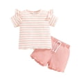 thumbnail image 1 of Elippeo Little Girl 2 Piece Summer Set 6 12 18 24 Months 3 4 Years Round Neck Short Sleeve Striped Tops + Elastic Waist Wave Hem Shorts Infant Toddler Outfits, 1 of 10