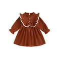 thumbnail image 1 of Elippeo Little Girl Autumn Corduroy Dress Mock Neck Ruffled Long Sleeve Bow Decor A-Line Dress 12 18 24 Months 3 4 5 Years, 1 of 9