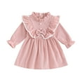 thumbnail image 1 of Elippeo Little Girl Autumn Corduroy Dress Mock Neck Ruffled Long Sleeve Bow Decor A-Line Dress 12 18 24 Months 3 4 5 Years, 1 of 10