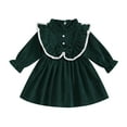thumbnail image 1 of Elippeo Little Girl Autumn Corduroy Dress Mock Neck Ruffled Long Sleeve Bow Decor A-Line Dress 12 18 24 Months 3 4 5 Years, 1 of 10