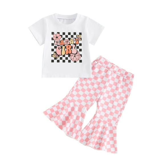 Elippeo Little Girl Summer Set 6 12 18 24 Months 3 4 Years Letter Floral Print Short Sleeve Tops with Checkerboard Bell-Bottom Pants 2 Pcs Outfit