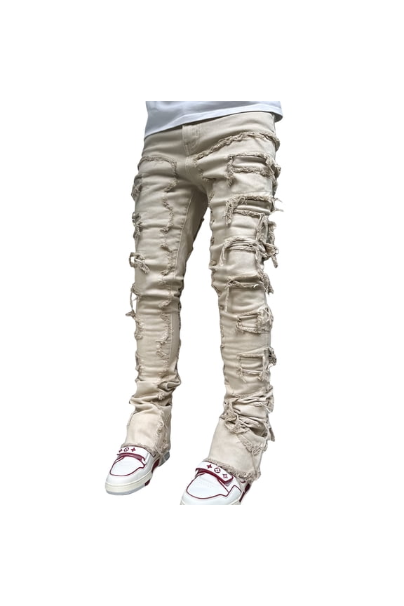Men Skinny Pants Fashion Patch Frayed Hem Pants Spring Fall Casual Leggings Trousers with Pockets