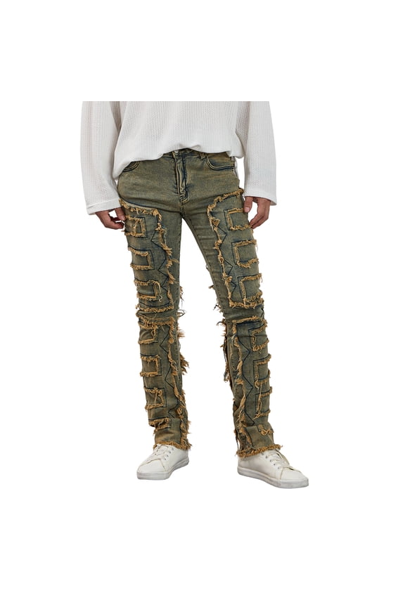 Men Skinny Pants Vintage Patch Frayed Denim Pants Spring Fall Casual Leggings Trousers with Pockets