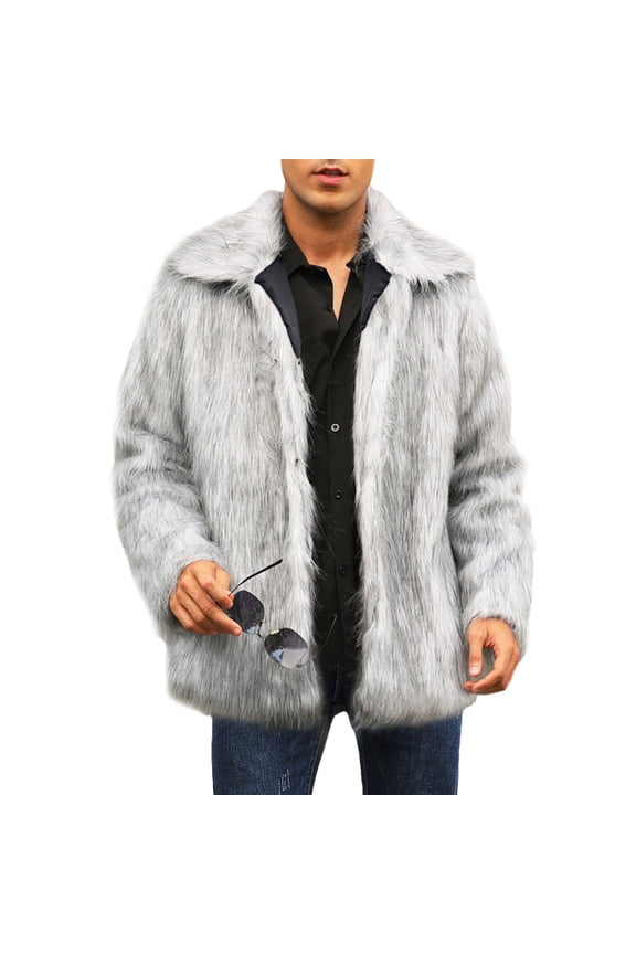 Men’s Winter Coat, Long Sleeve Lapel Collar Button Closure Furry Faux Fur Jacket Outwear