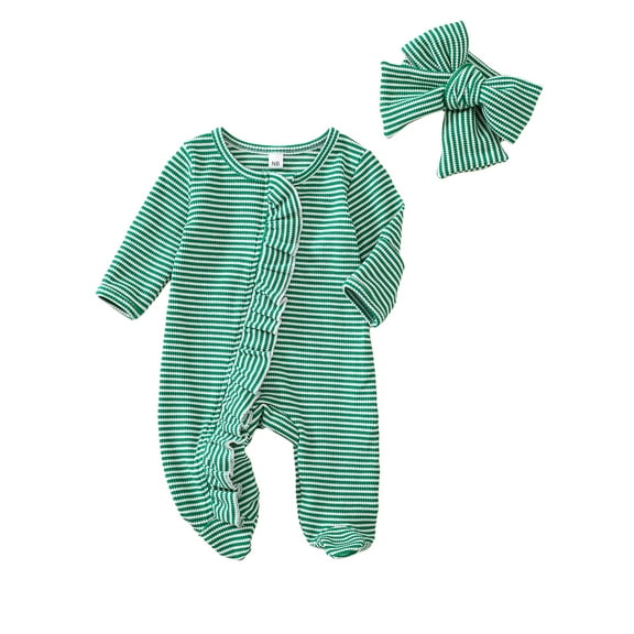 Elippeo Newborn Baby Girl Footed Romper Stripe Print Long Sleeve Ruffled Zipper Jumpsuit with Headband for Fall 3 6 9 12 Months