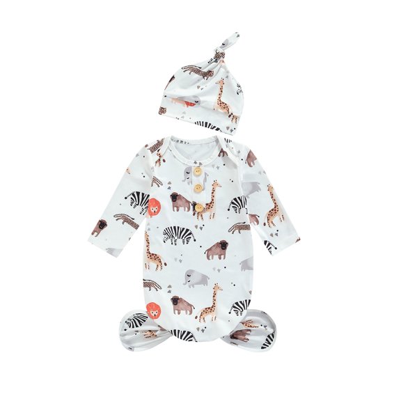 Elippeo Newborn Baby Girls 2pcs Cartoon Patterns Print Round Neck Long Sleeve Sleepwear 3M
