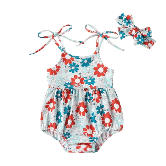Elippeo Newborn Girl Outfit 3 6 12 18 24 Months Tie-up Flower Print Sleeveless Romper with Hairband Summer Clothes