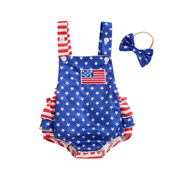 Elippeo Newborn Girl Outfit 3 6 9 12 18 Months Stripes Stars Print Overalls Romper with Hairband 4th of July Clothing