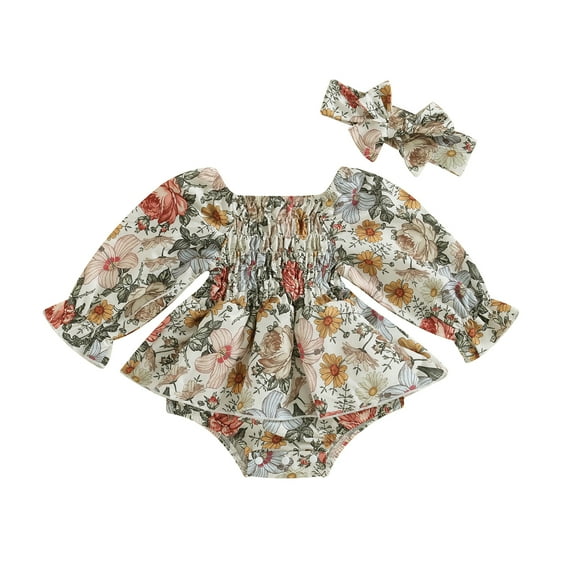 Elippeo Newborn Girl Outfit 6M 12M 18M 24M  Long Sleeve Off-shoulder Flower Print A-line Romper Dress with Headband Clothes
