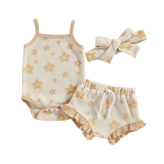 Elippeo Newborn Infant Baby Girl Summer Rompers Set 3M 6M 12M 18M Floral Spaghetti Straps Sleeveless Jumpsuit and Casual Ruffle Shorts Headband