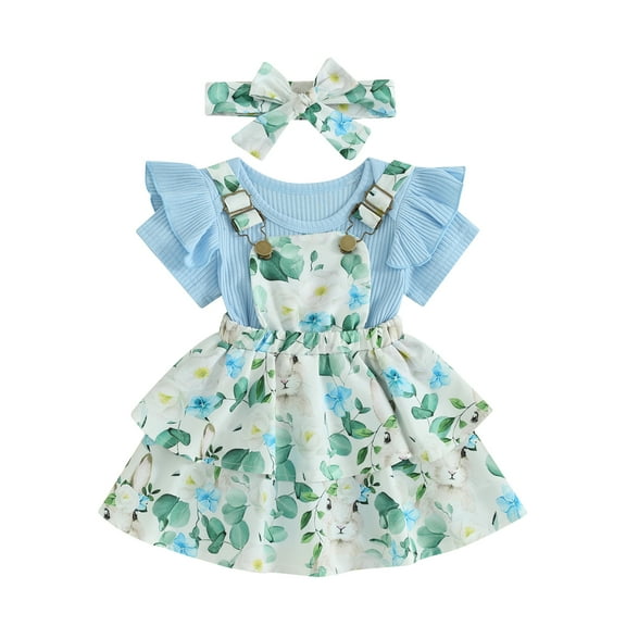 Elippeo Summer Easter Infant Baby Girl Outfit 3 6 12 18 24 Months Solid Ribbed Short Sleeve Romper Suspender Skirt and Headband Set